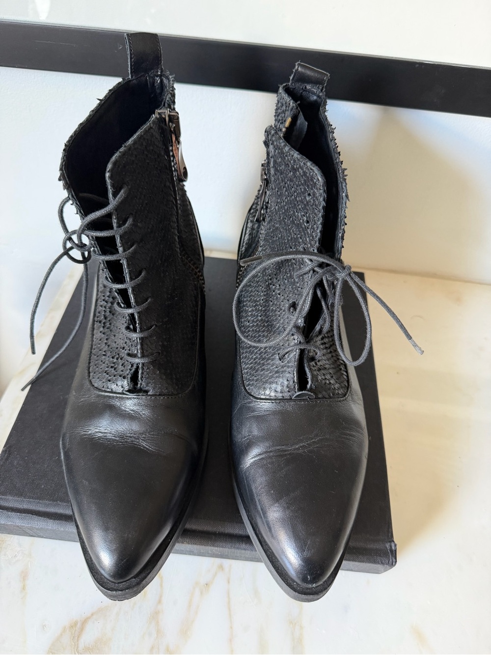 Women's Black Pointed-Toe Lace-Up Ankle Booties